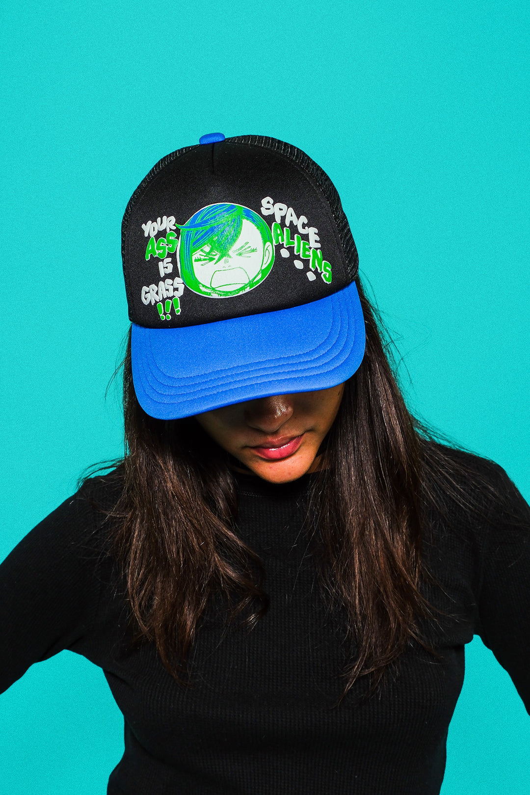 Your Ass is Grass Space Aliens Trucker Hat - Black/Blue
